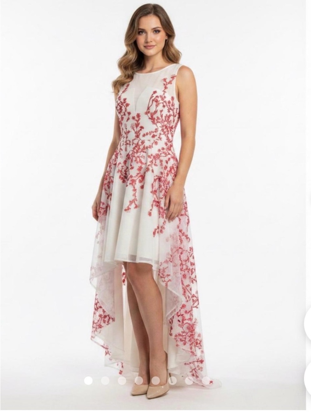 White & Red Floral Embroidered High-low Evening Dress